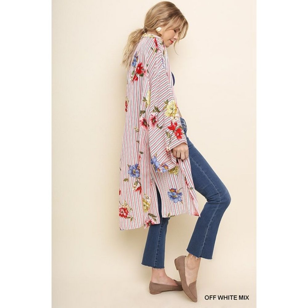 Umgee Floral Striped Print Open Front Long Kimono Side Slits Reg/Plus Sizes - Picture 2 of 4